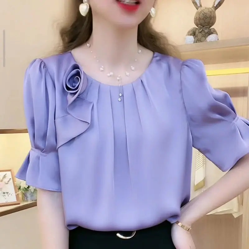 Folds Spliced Blouse Fashion All-match Round Neck Short Sleeve Shirt Women's-Dollar Bargains Online Shopping Australia