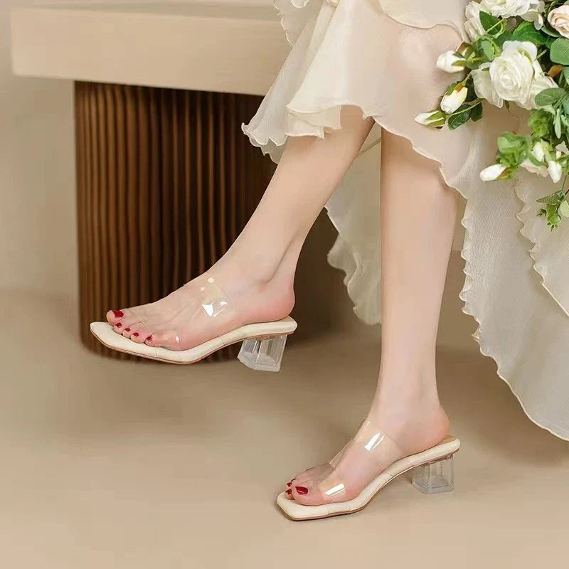 Platform Sandals for Women Fashion Transparent Pvc High Heel Clear Square Heels Slippers-Dollar Bargains Online Shopping Australia