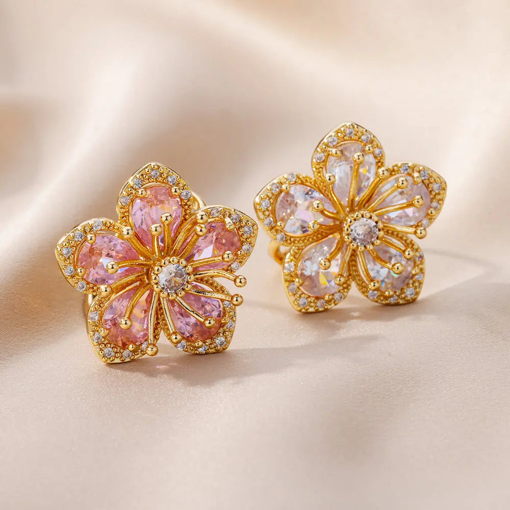 Pink Zircon Flower Rings for Women Gold Color Stainless Steel Ring Elegant Luxury Aesthetic Jewelry-Dollar Bargains Online Shopping Australia