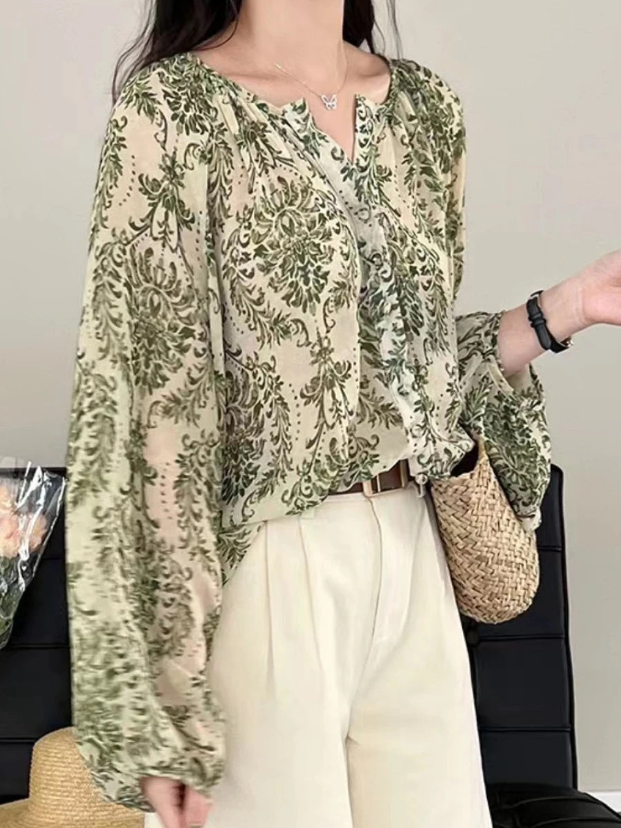 Chiffon Shirt for Women Loose Fit T-shirt Retro Floral Long Sleeve V-neck Blouse Casual Elegant Top Thin Female Clothing Summer
