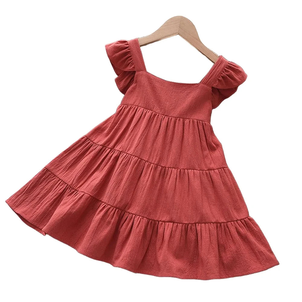 Casual Baby Kid Girl Infant Sleeveless Ruffles Princess Dress Cute Solid Color Korean Kids Clothes