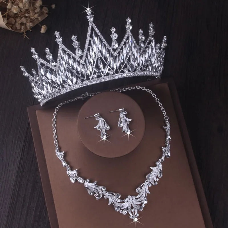 Silver Color Crystal Bridal Jewelry Sets Fashion Tiaras Crown Earrings Choker Necklace Women Wedding Dress Jewelry Set-Dollar Bargains Online Shopping Australia