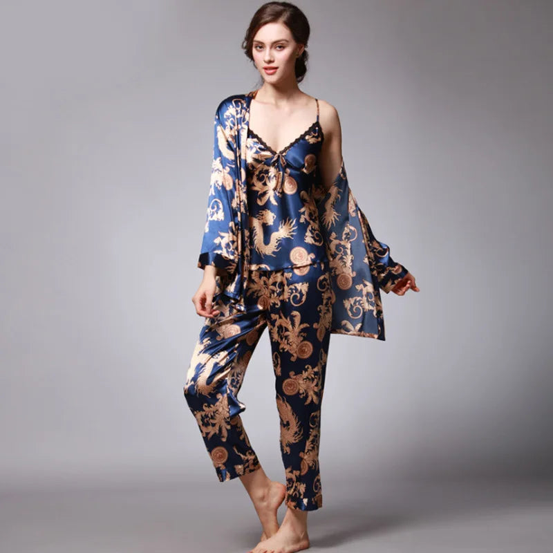 Women's Silk Satin Pajamas Set 3 Pcs Floral Silky Pj Sets Sleepwear Cami Nightwear with Robe and Pant-Dollar Bargains Online Shopping Australia