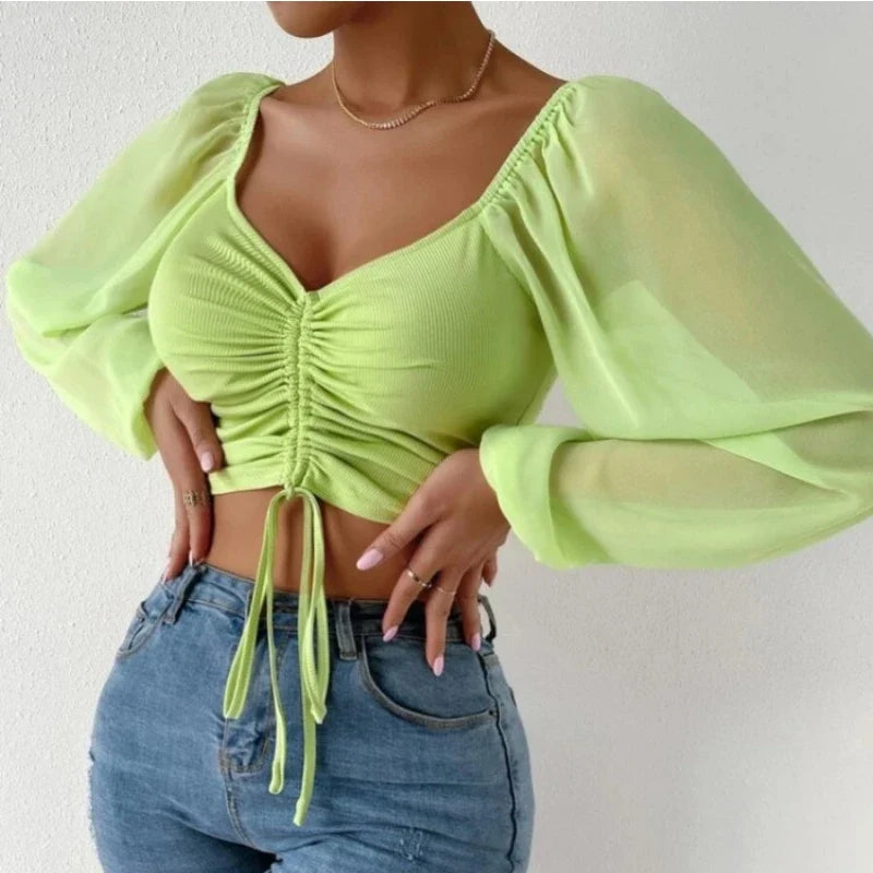 Mesh Lantern Sleeves Drawstring Wrap Chest Bare Midriff T Shirt Women Long Sleeves Bottoming-Dollar Bargains Online Shopping Australia