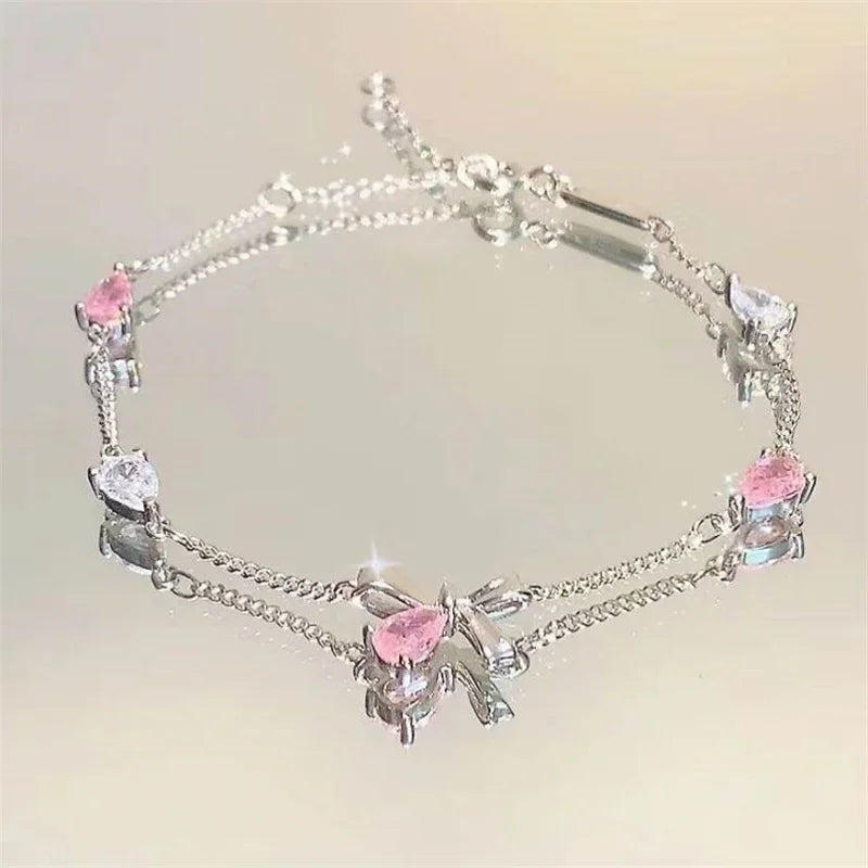 Shiny Pink Crystal Cherry Blossom Bracelets For Women Girls Sweet Moon Bow Flowers Zircon Bracelet Party Aesthetic Egirl Jewelry-Dollar Bargains Online Shopping Australia