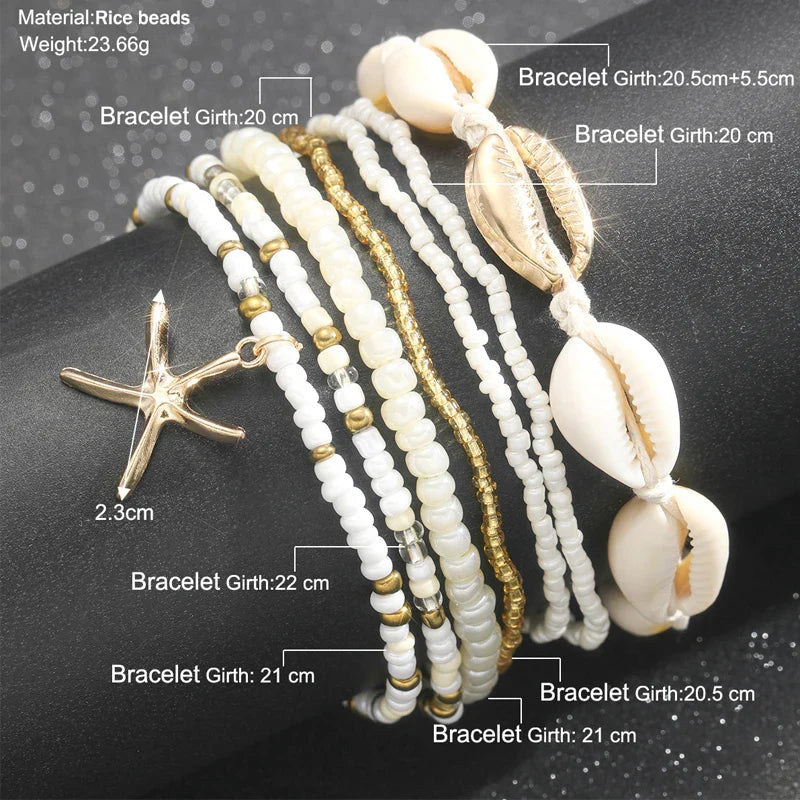 7pc/set Bohemian Rice Beads Starfish Pendant Anklet Set Fashion Summer Beach Sea Shell Multilayer Ankle Bracelet On Foot Jewelry-Dollar Bargains Online Shopping Australia