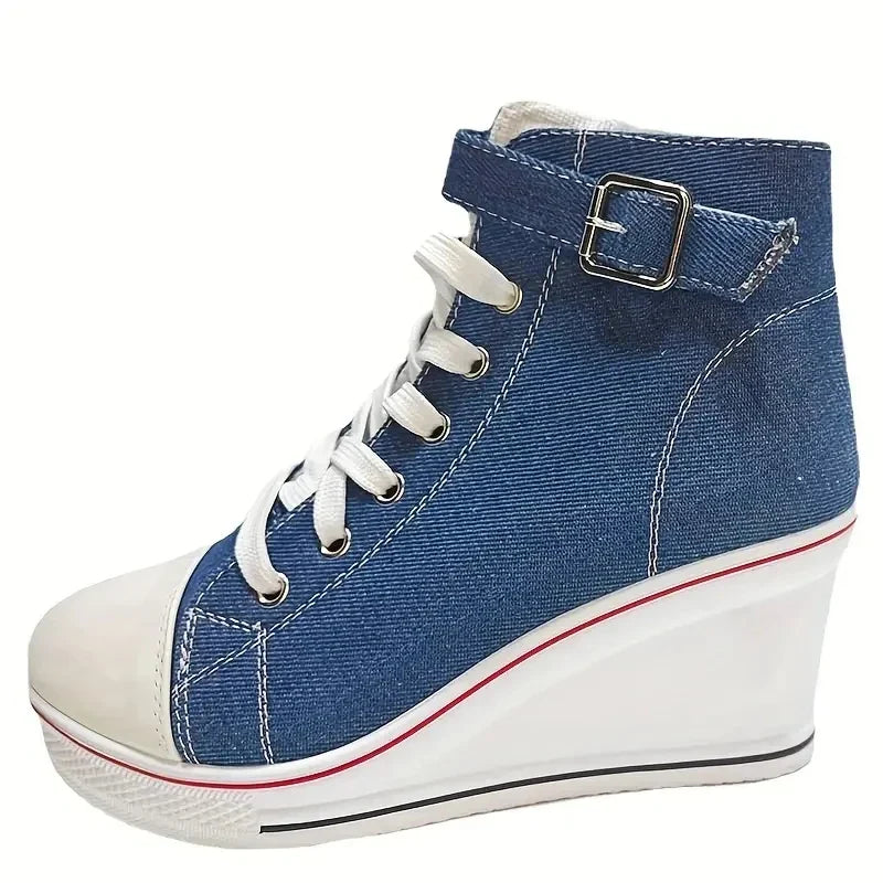 High Top Canvas Women Wedge Shoes Women's Denim Ankle Lace Up Ladies Ankle Canvas Shoes Woman 8cm Heels Sneakers-Dollar Bargains Online Shopping Australia