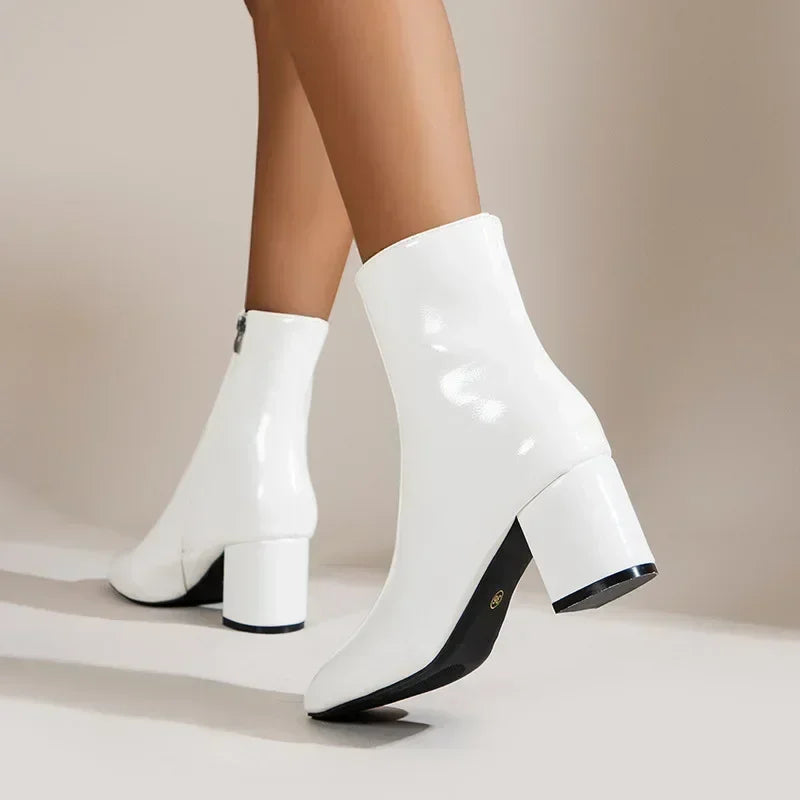 White Ankle Boots for Women Side Zipper Stretch Middle Heel Large Size Short Boot Fashion Pointed Shoes-Dollar Bargains Online Shopping Australia