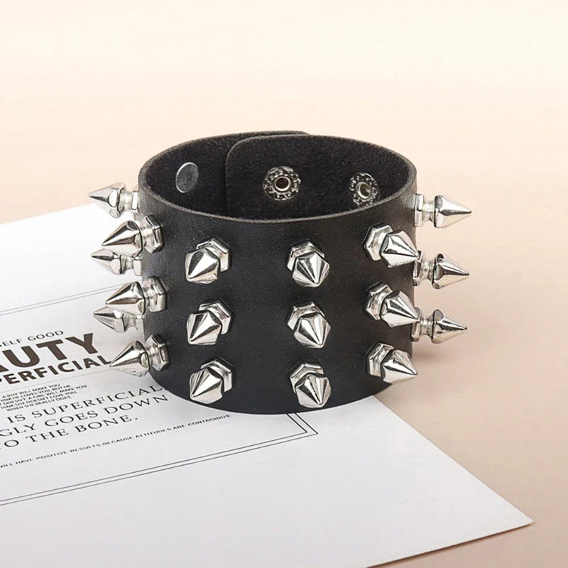 Punk Bracelet for Men Women - Goth Black Leather Wristband with Metal Spike Studded- Spike Rivets Cuff Bangle Adjustable-Dollar Bargains Online Shopping Australia