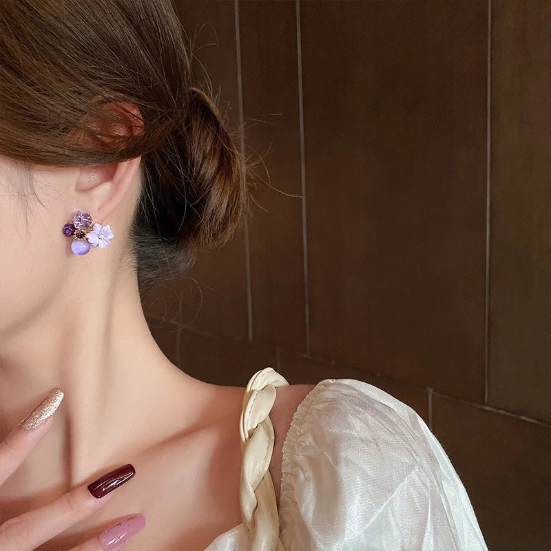 Purple Crystal Flower Earrings for Women with Gentle Temperament Wedding Party Anniversary Gift Jewelry-Dollar Bargains Online Shopping Australia