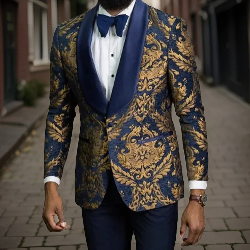 Floral Men Blazer Slim Fit with Satin Shawl Lapel Groom Suit Jacket for Wedding Male Fashion Costume