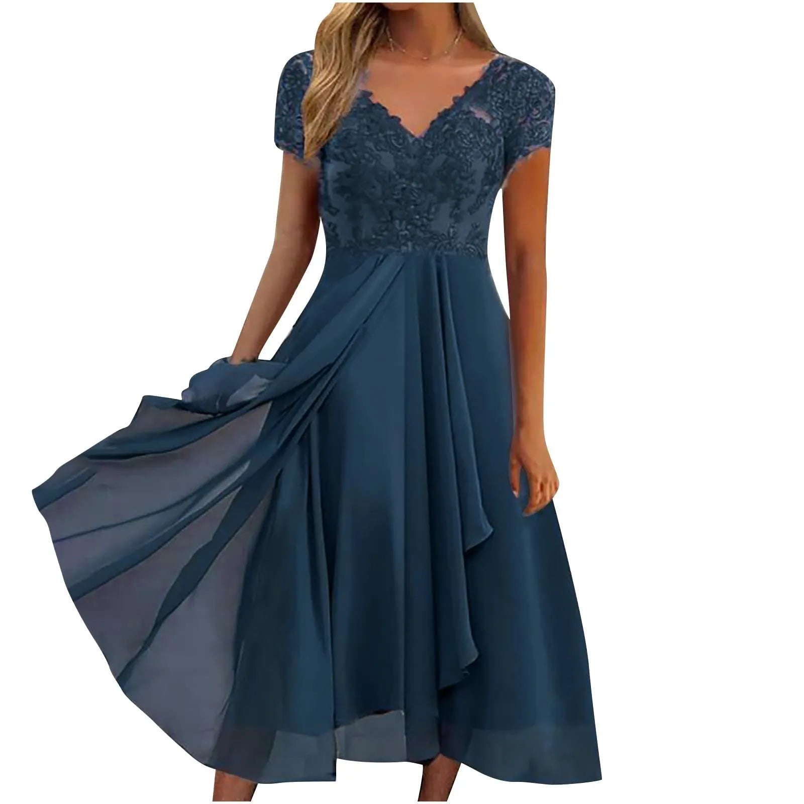 Dresses Women Elegant Lace Chiffon Flowy Dress Evening Party Gown V Neck Short Sleeve Lace Chiffon Dress