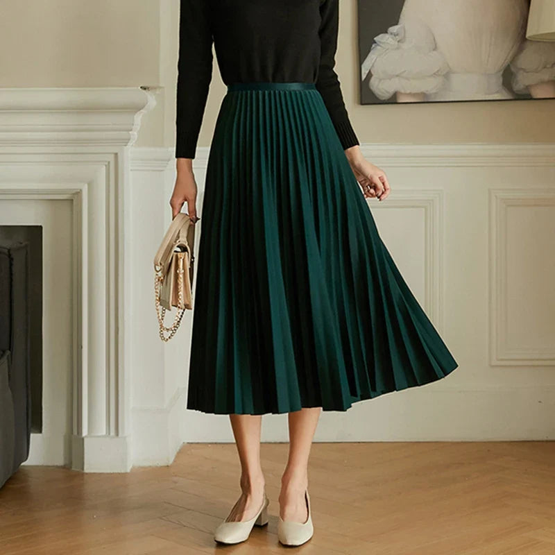 Pleated Skirt Elegant Elastic High Waist A-LINE Office Ladies Work Midi Long Skirt Black Green Grey Autumn Winter Women's Skirt-Dollar Bargains Online Shopping Australia