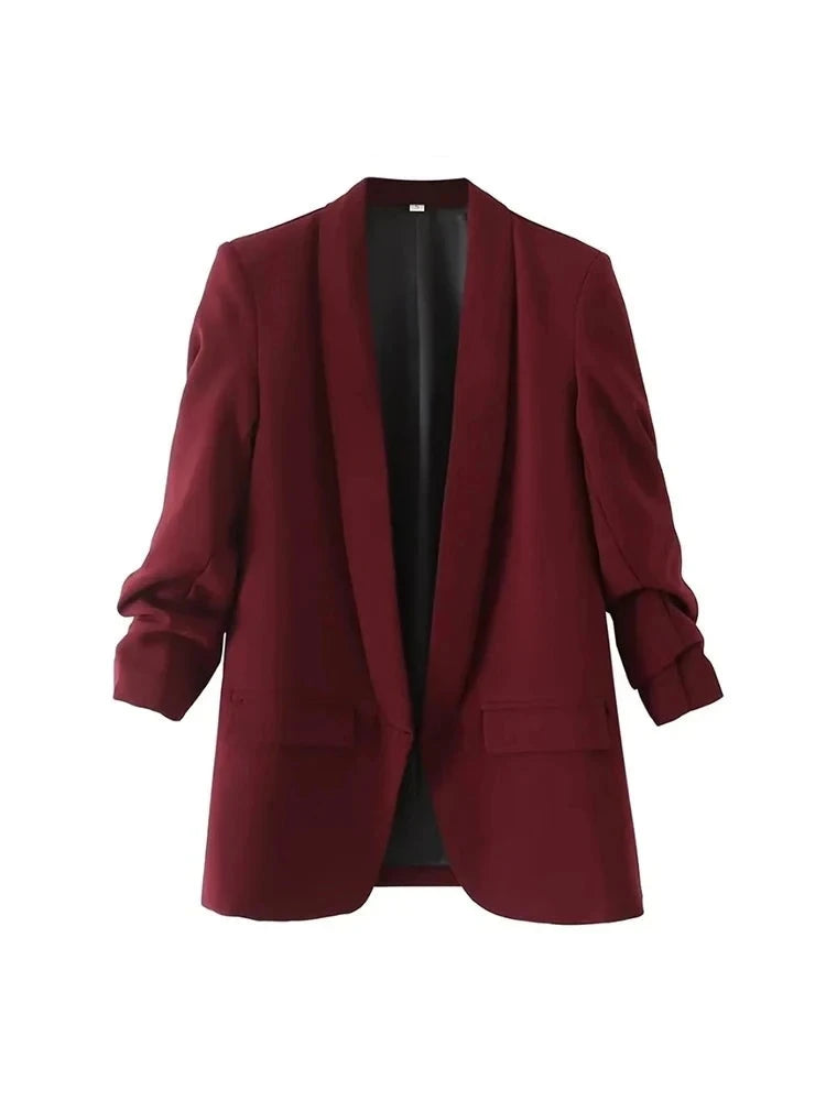 Women Fashion Office Wear Open Blazer Coat Vintage Long Pleated Sleeves Flap Pockets Female Outerwear Chic Tops