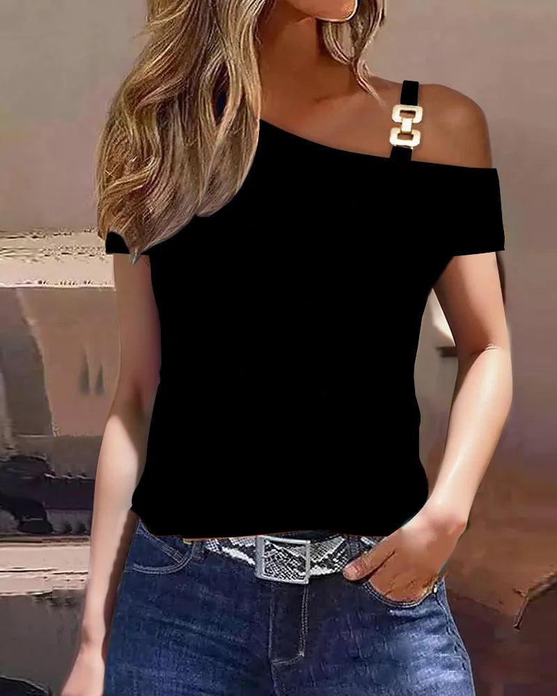 Women Summer Tops Fashion Sexy Lace Stitching Short Sleeve One Shoulder Buckle Loose Shirts Female-Dollar Bargains Online Shopping Australia