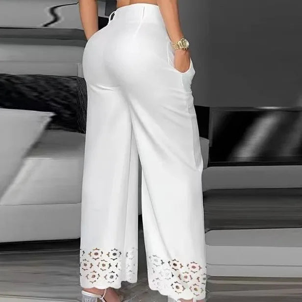 Two Piece Sets Womens Outifits V-Neck Cami Crop Top & Casual White Hollow Out Wide Leg High Waist Pants Set-Dollar Bargains Online Shopping Australia