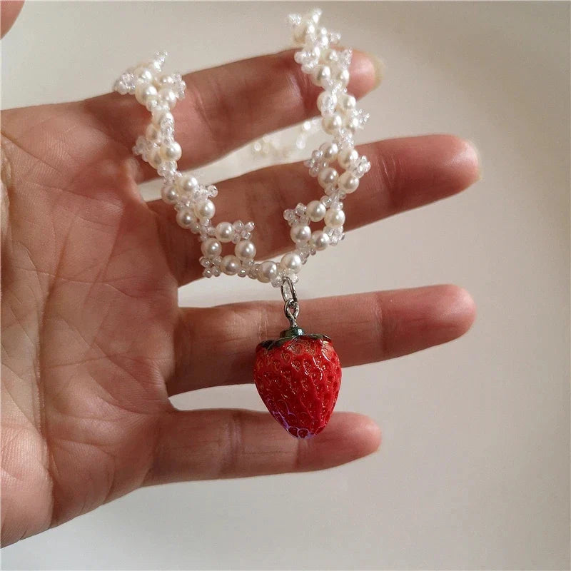 Y2K Strawberry Pendant Necklace Choker for Women Children Jewelry Imitation Pearl Neck Clavicle Chain Cute Accessories New-Dollar Bargains Online Shopping Australia