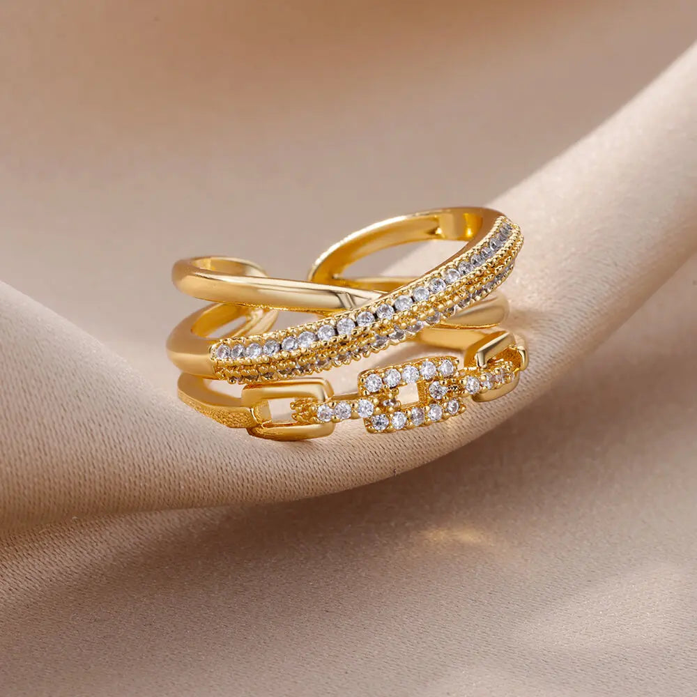 Gold Color Stainless Steel Rings For Women Chain Hollow Out Crystal Zircon Finger Ring-Dollar Bargains Online Shopping Australia