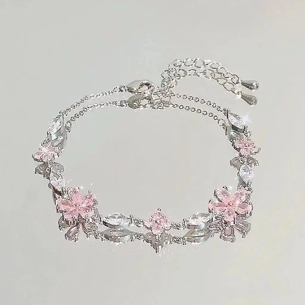 Shiny Pink Crystal Cherry Blossom Bracelets For Women Girls Sweet Moon Bow Flowers Zircon Bracelet Party Aesthetic Egirl Jewelry-Dollar Bargains Online Shopping Australia