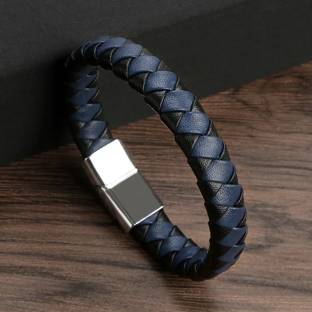 Punk Men Leather Braided Bracelet Hand-Woven Classic Stainless Steel Magnetic Clasp Leather Bangle-Dollar Bargains Online Shopping Australia