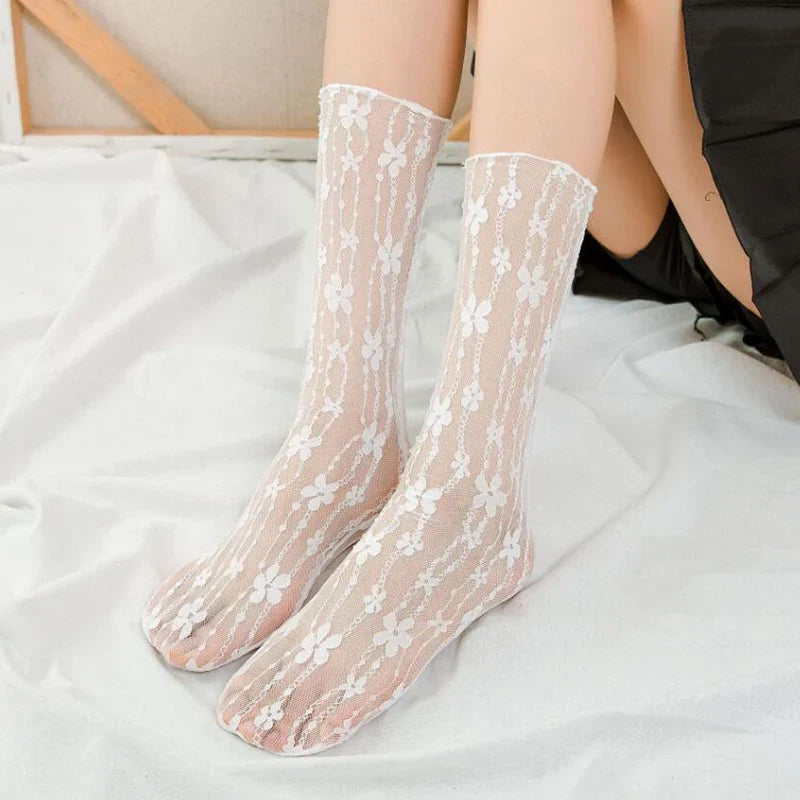 Women Sexy Lace Flower Fashion Ultra-thin Transparent Summer Japan Style Hollow Mesh Crew Socks Harajuku Retro Long Kawaii Socks-Dollar Bargains Online Shopping Australia