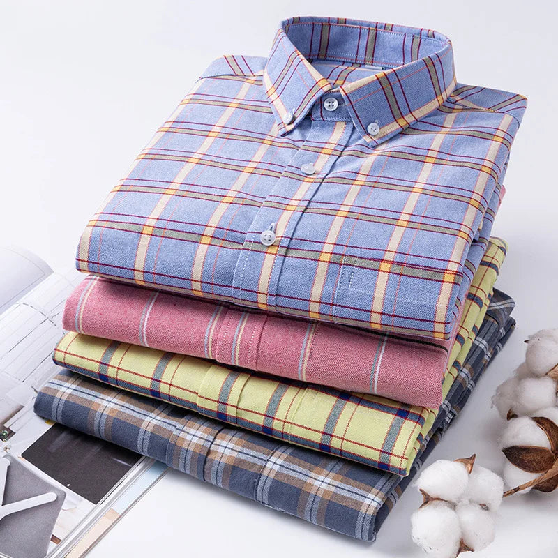 men's 100% cotton long sleeve shirt plus size plaid casual comfort Oxford woven pocket free iron