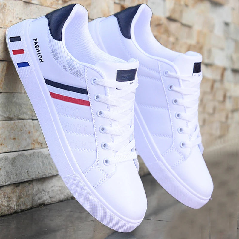 Men's Sneakers Casual Sports Shoes for Men Lightweight PU Leather Breathable Shoe Mens Flat White