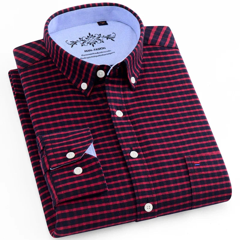 Men's Long Sleeve Oxford Plaid Striped Casual Shirt Front Patch Chest Pocket Regular-fit Button-down Collar Thick Work Shirts-Dollar Bargains Online Shopping Australia