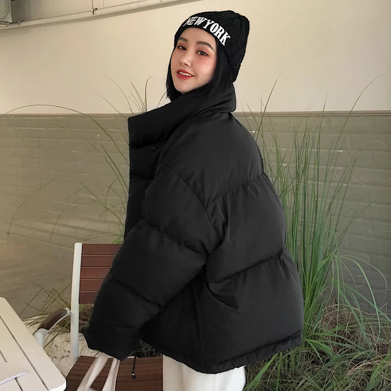 Winter Jacket Parkas Women Stand Collar Solid Black White Female Coat Loose Oversized Womens Short Parka