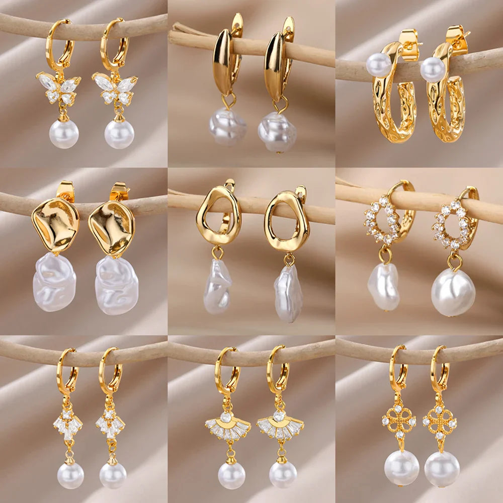 Fashion Circle Imitation Pearl Drop Earrings for Women Gold Color Stainless Steel Round Geometric Hoop Earring Wedding Jewelry-Dollar Bargains Online Shopping Australia