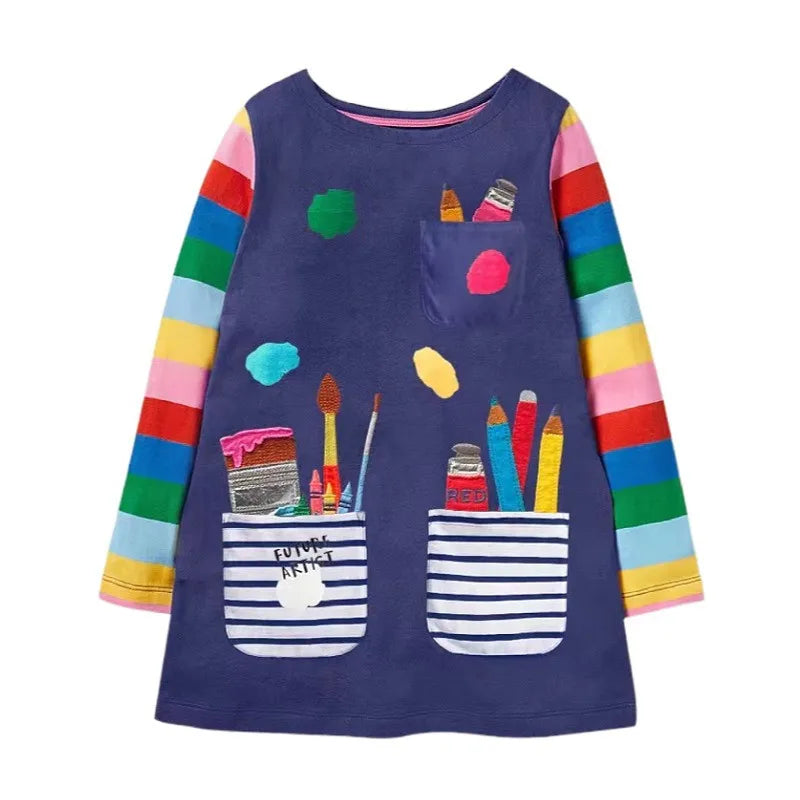 Children's School Dresses With Pockets Pen Embroidery Long Sleeve Autumn Kids Preppy Style Dress-Dollar Bargains Online Shopping Australia