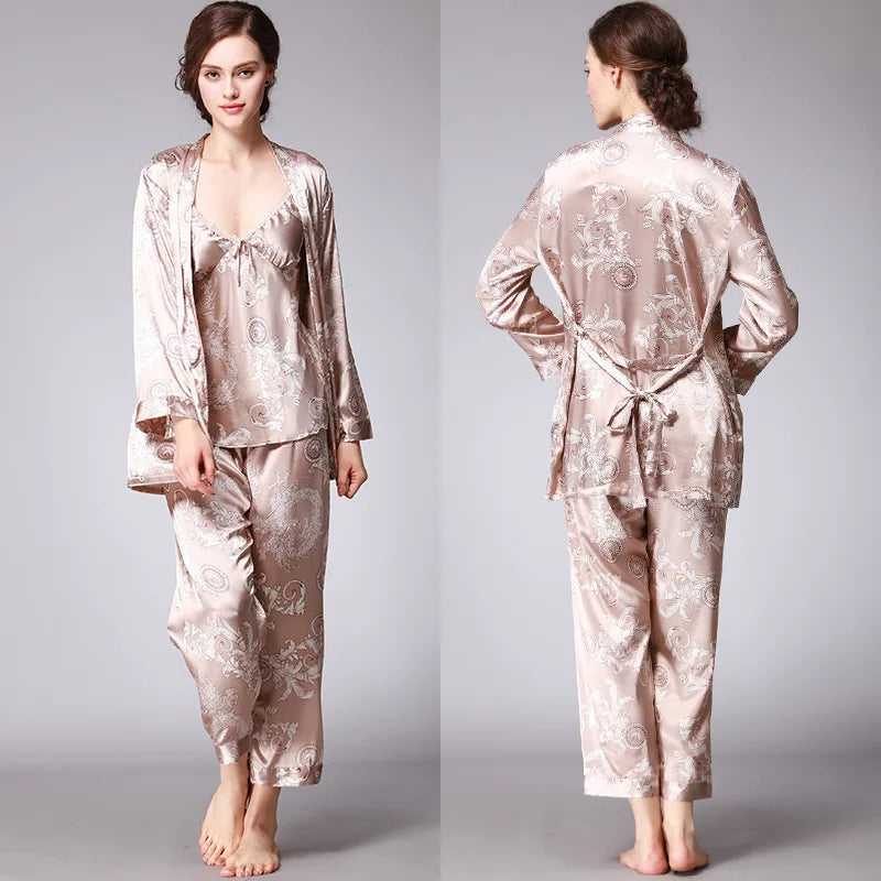 Women's Silk Satin Pajamas Set 3 Pcs Floral Silky Pj Sets Sleepwear Cami Nightwear with Robe and Pant-Dollar Bargains Online Shopping Australia