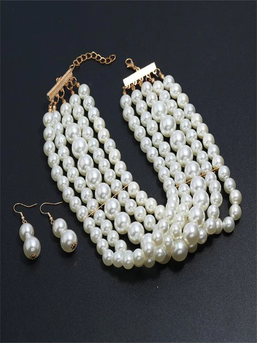 Multi-layer imitation pearl beaded short necklace earring set-Dollar Bargains Online Shopping Australia