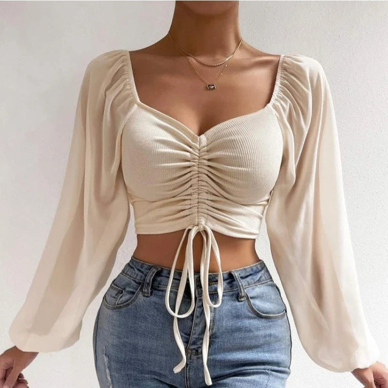 Mesh Lantern Sleeves Drawstring Wrap Chest Bare Midriff T Shirt Women Long Sleeves Bottoming-Dollar Bargains Online Shopping Australia