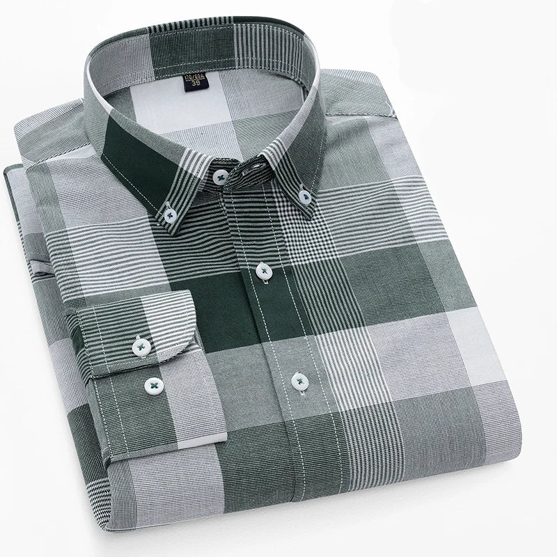 100% Pure Cotton Oxford Men's Plaid Shirt Long Sleeve Regular Fit Men Casual Soft Comfortable Oversized Shirts