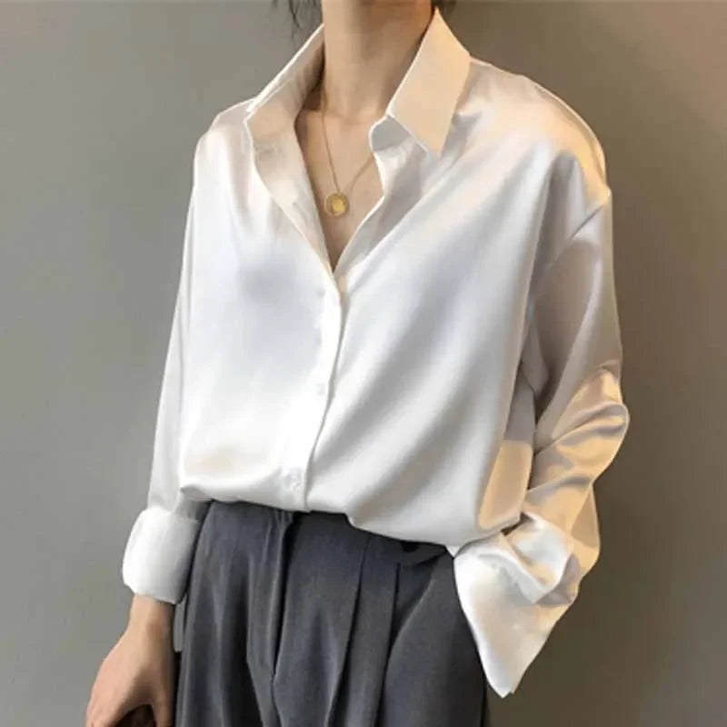 Silk Korean Office Ladies Elegant Shirt Blouse Women Fashion Button Up Satin Shirt Vintage White Long Sleeve Shirts-Dollar Bargains Online Shopping Australia