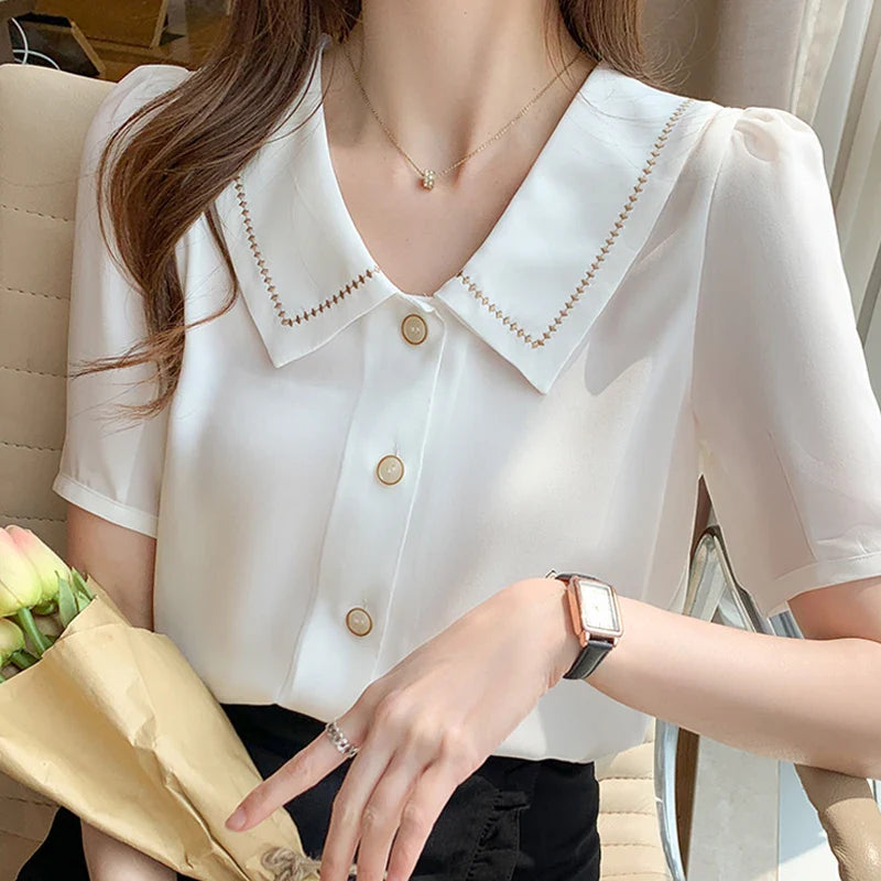 Blouses Tops Women Turn Down Collar Blouse Women White Blouse Short Sleeve Chiffon Blouse-Dollar Bargains Online Shopping Australia