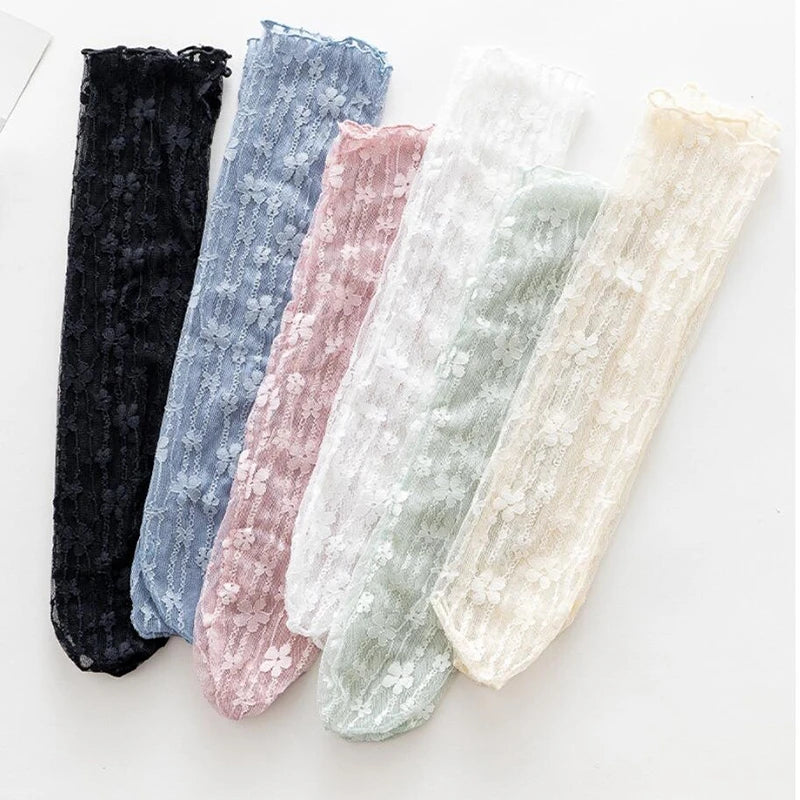 Women Sexy Lace Flower Fashion Ultra-thin Transparent Summer Japan Style Hollow Mesh Crew Socks Harajuku Retro Long Kawaii Socks-Dollar Bargains Online Shopping Australia