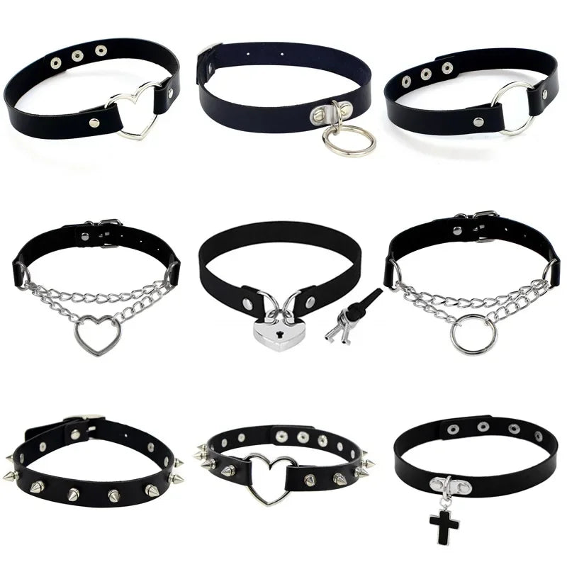 Punk Rock Gothic PU Leather Necklace Heart Round Spike Rivet Collar Studded Choker Chain Necklace