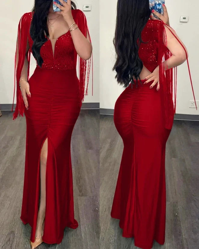 High Waist Evening Dresses Fashion Women's Clothes Rhinestone Cold Shoulder Slit Ruched Elegant Party Dress-Dollar Bargains Online Shopping Australia