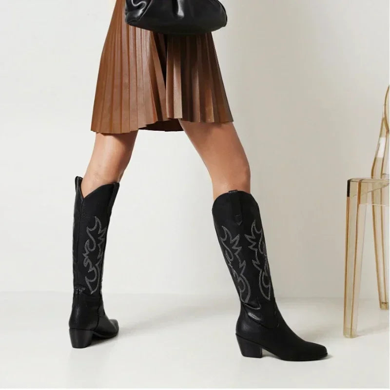 Pointed Toe Knight Boots for Women Brown PU Leather Knee High Boots Woman Autumn Winter Western Cowboy Long-Dollar Bargains Online Shopping Australia