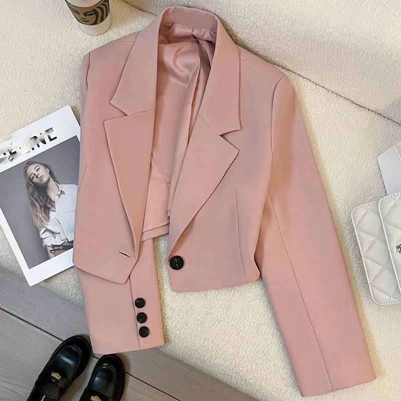 Cropped Blazers Women Autumn New Simple Single-Button Suit Jacket All-Match Long Sleeve Office Lady Outwear-Dollar Bargains Online Shopping Australia