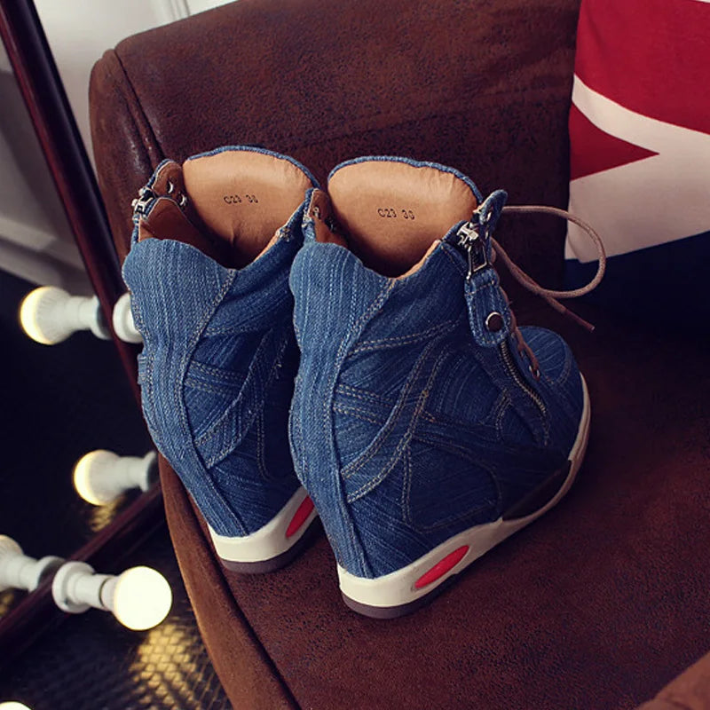 Denim Wedges high top sneakers Platform Casual Fashion Woman Zipper Vulcanized Shoes Thick Bottom