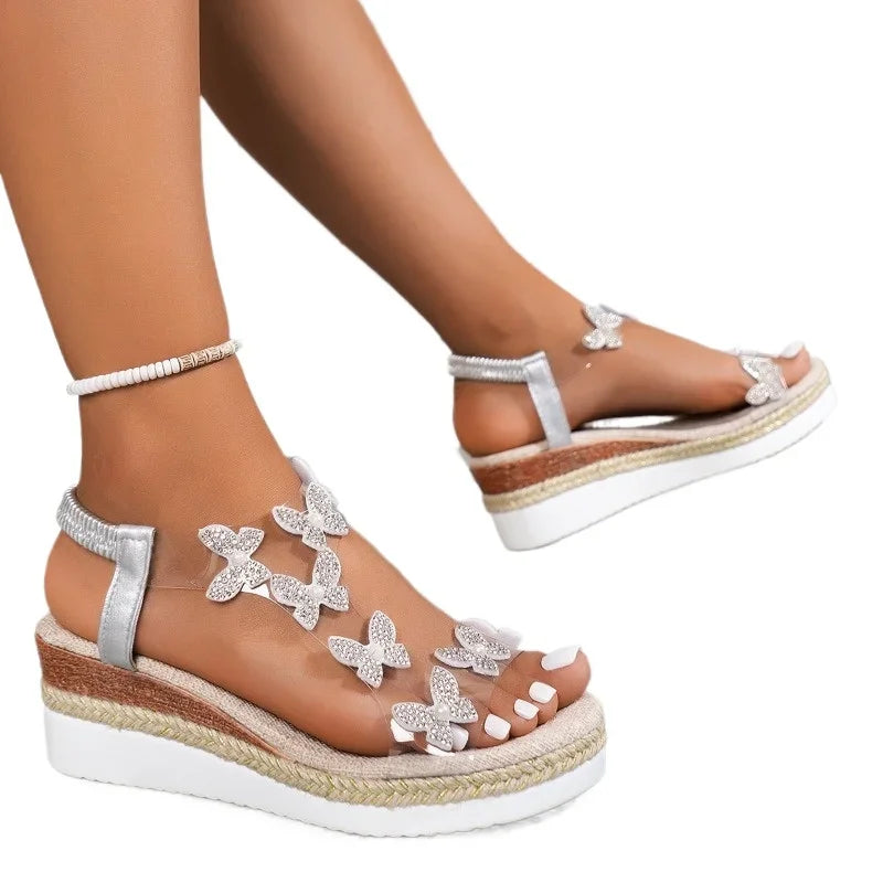 Women's Sandals Platform Dress Sandals Women Crystal Butterfly Elastic Band Wedges Female Shoes-Dollar Bargains Online Shopping Australia