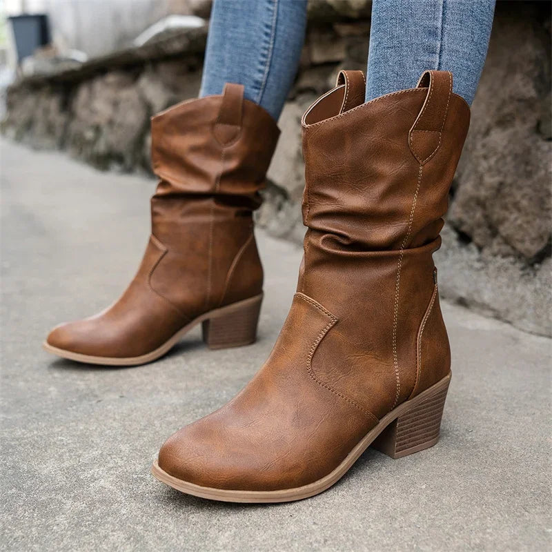 Female Western Boots Cowboy Boots Women Plested Women Ankle Boots Pu Leather Shoes Autumn Boots Women Booties Lady