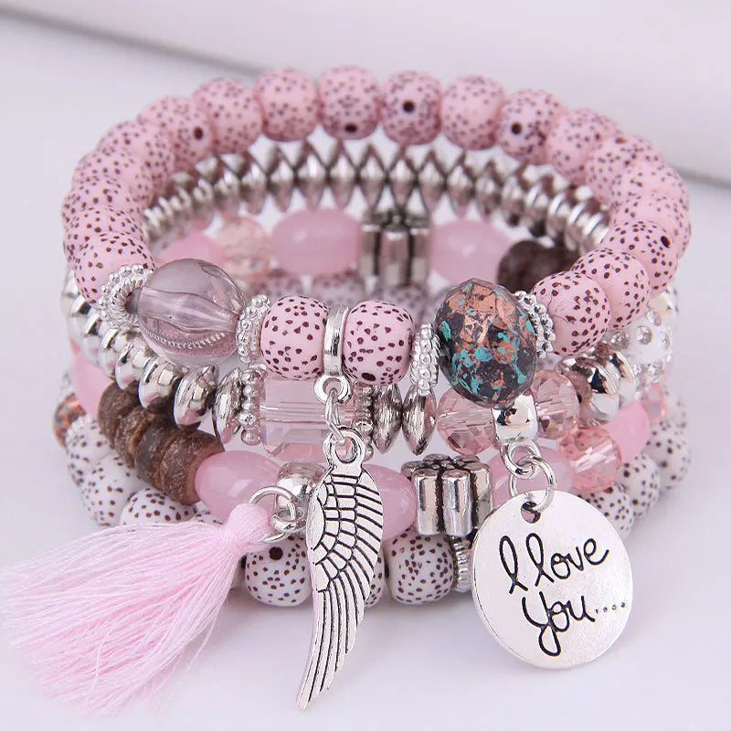 Bohemian Multicolor Pink Crystal Beads Bracelets Women Girls Elastic Tassel Wing Letters Rope Bracelet-Dollar Bargains Online Shopping Australia