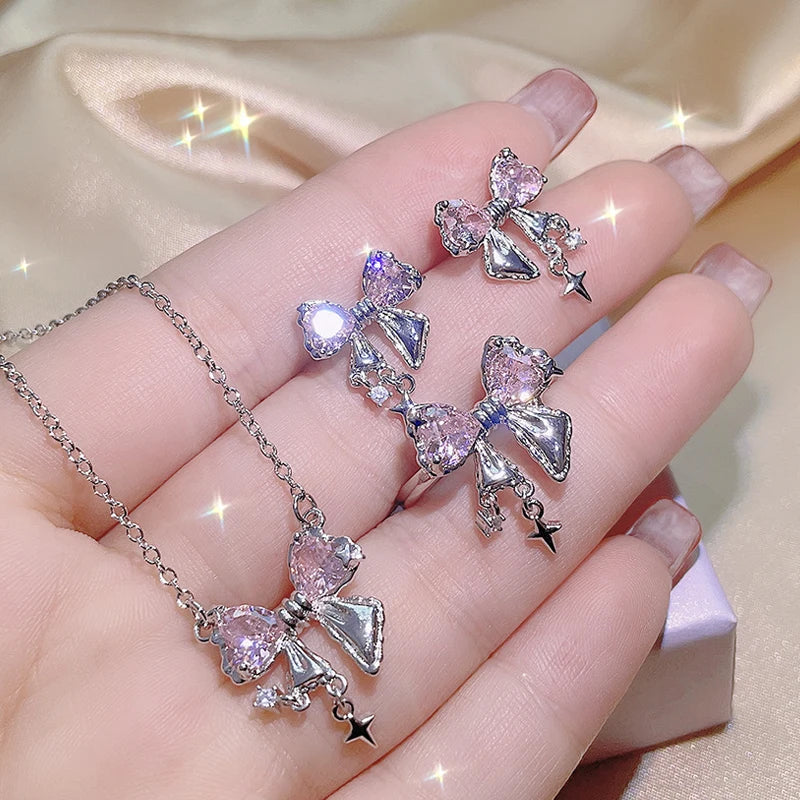 Crystal Angel Wings Heart Pendant Necklaces Set Ladies Girl Simple Y2K Pink White Zircon Love Elegant Necklace Women Jewelry Set-Dollar Bargains Online Shopping Australia