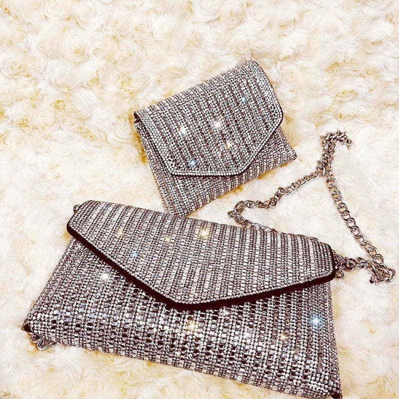 Female Bling Chain Crossbody Bag Ladies Mini Rhinestone Small Envelop Shoulder Purse Full Diamond Messenger Evening Bag