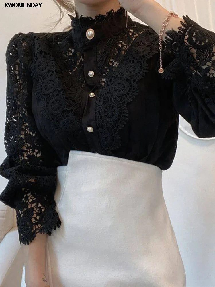 Women Chiffon Button Turtleneck Shirt Chic Elegant Floral Lace Fluffy Long Sleeve Top Fashion Hollow Oversize White Blouse-Dollar Bargains Online Shopping Australia