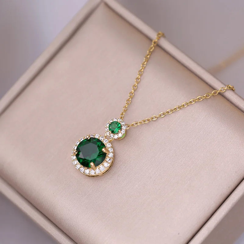 Luxury Fashion Emerald Zircon Round Pendant Necklace Earrings Set Titanium Steel Chain Temperament Jewelry Set for Women Gift-Dollar Bargains Online Shopping Australia